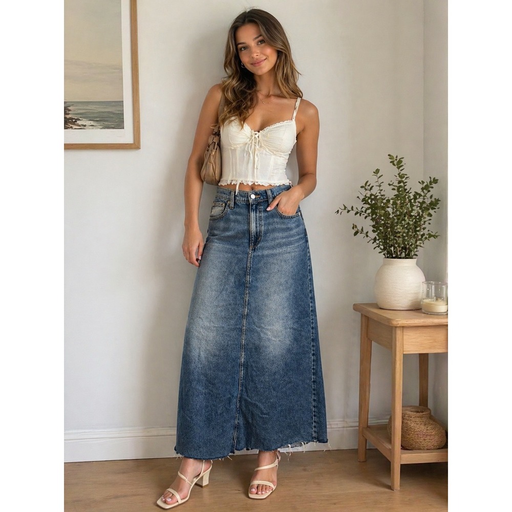 Universal Thread Denim Maxi Skirt Medium Wash Raw Hem Back Slit Casual 90's 6